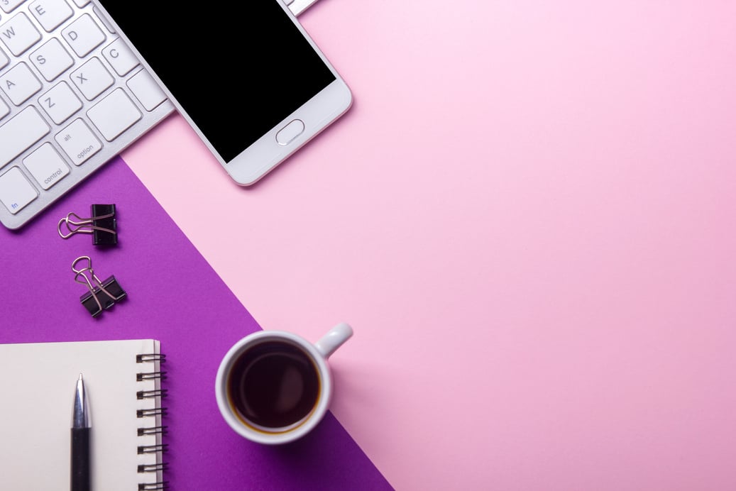 Office desk table with supplies. Flat lay Business workplace and objects. Top view. Copy space for text